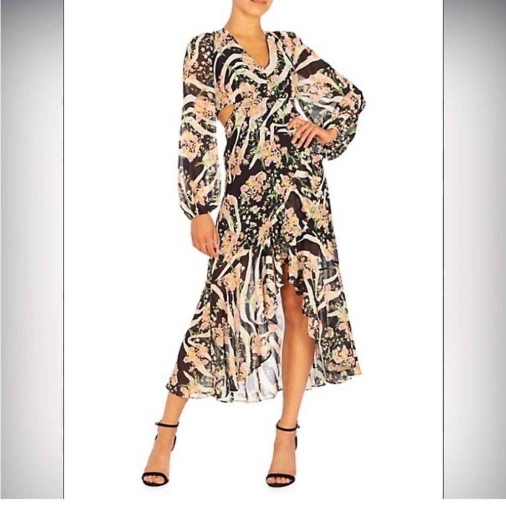 177. Guess Women’s Floral Wedding Guest Black & Pink High-Low Midi Dress Size M